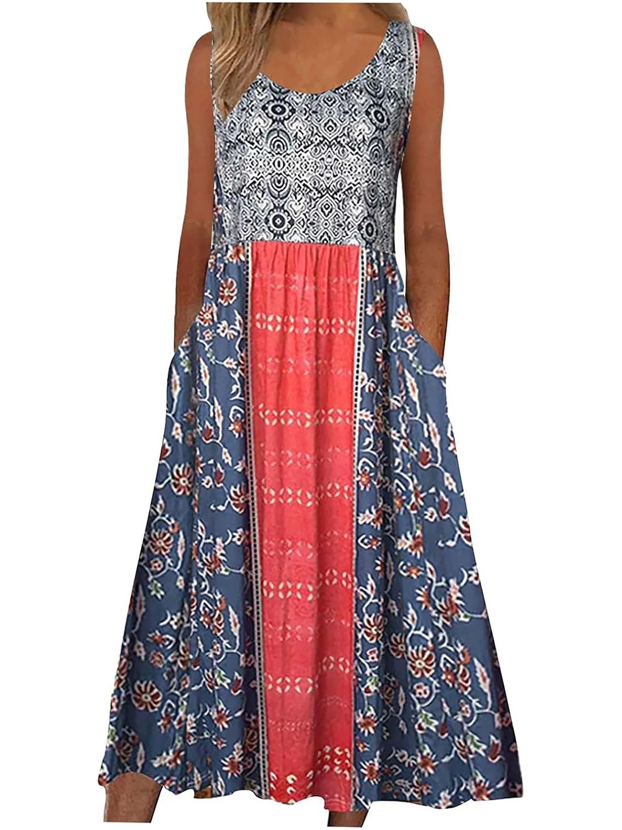 Women’s Boho Floral Sleeveless Midi Sundress With Pockets