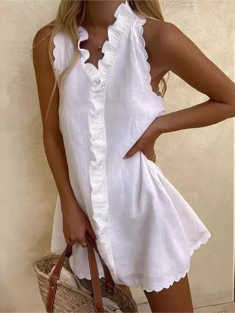 Women’s V-Neck Ruffle Mini Dress Casual Boho Beach