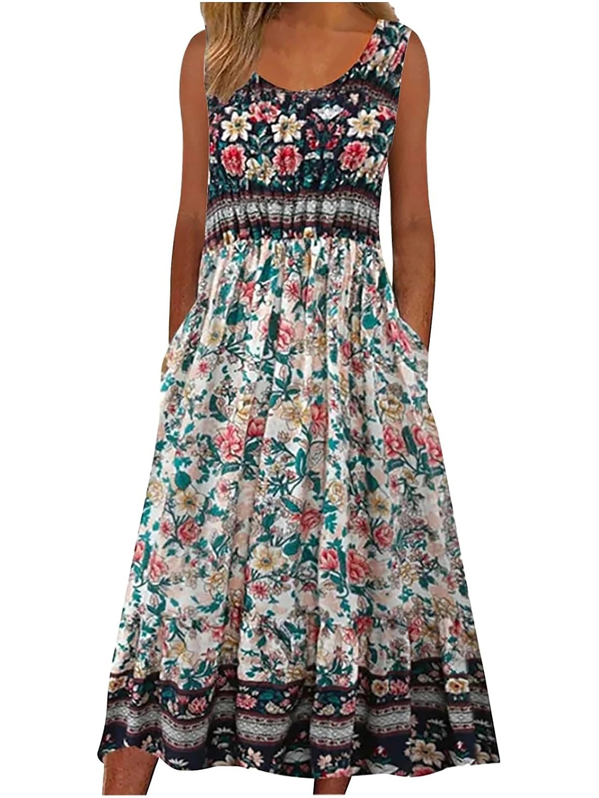 Women’s Boho Floral Sleeveless Midi Sundress With Pockets