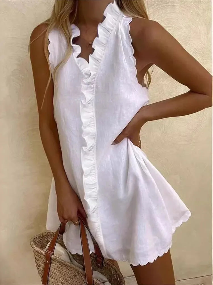 Women’s V-Neck Ruffle Mini Dress Casual Boho Beach