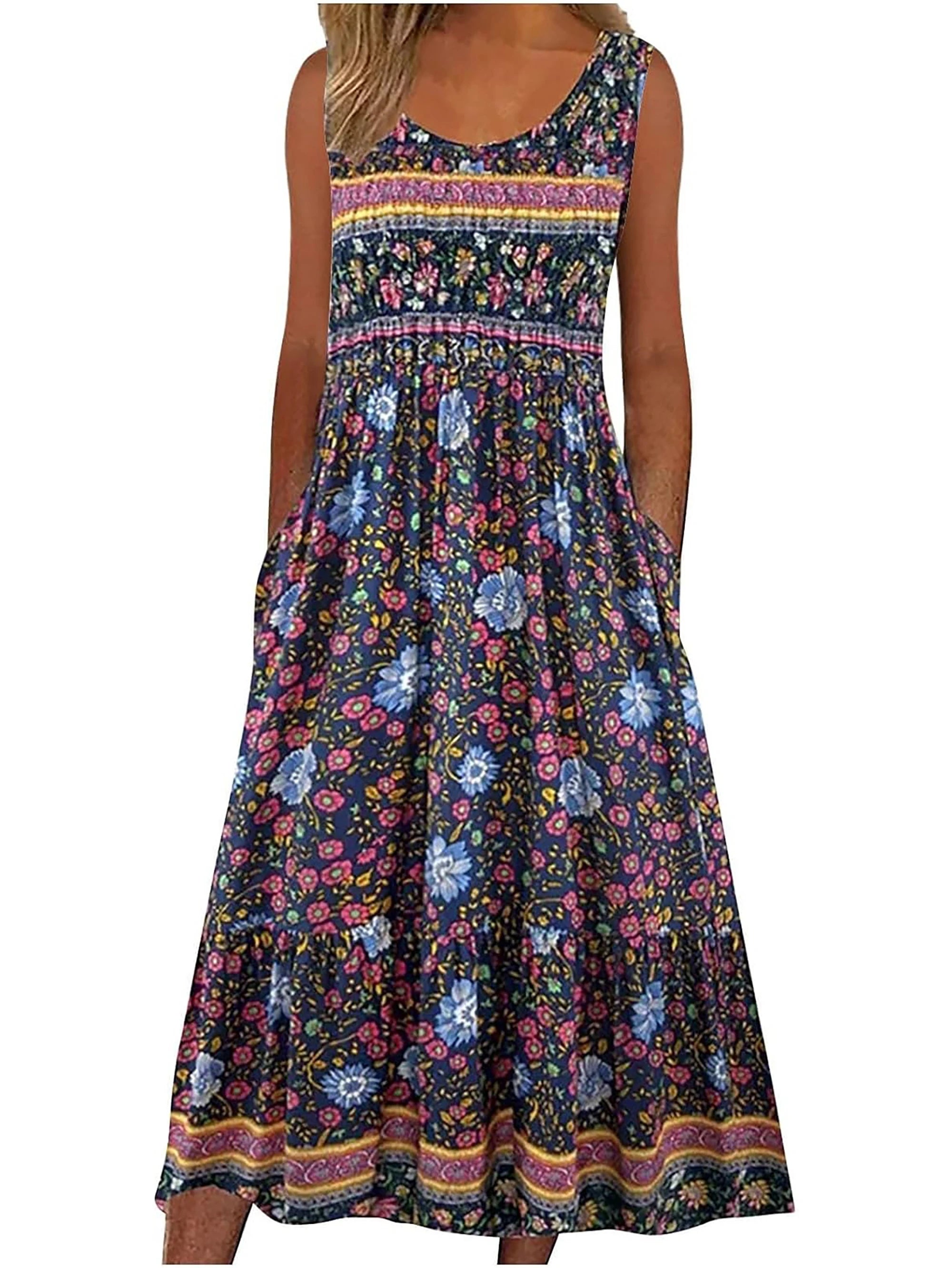 Women’s Boho Floral Sleeveless Midi Sundress With Pockets