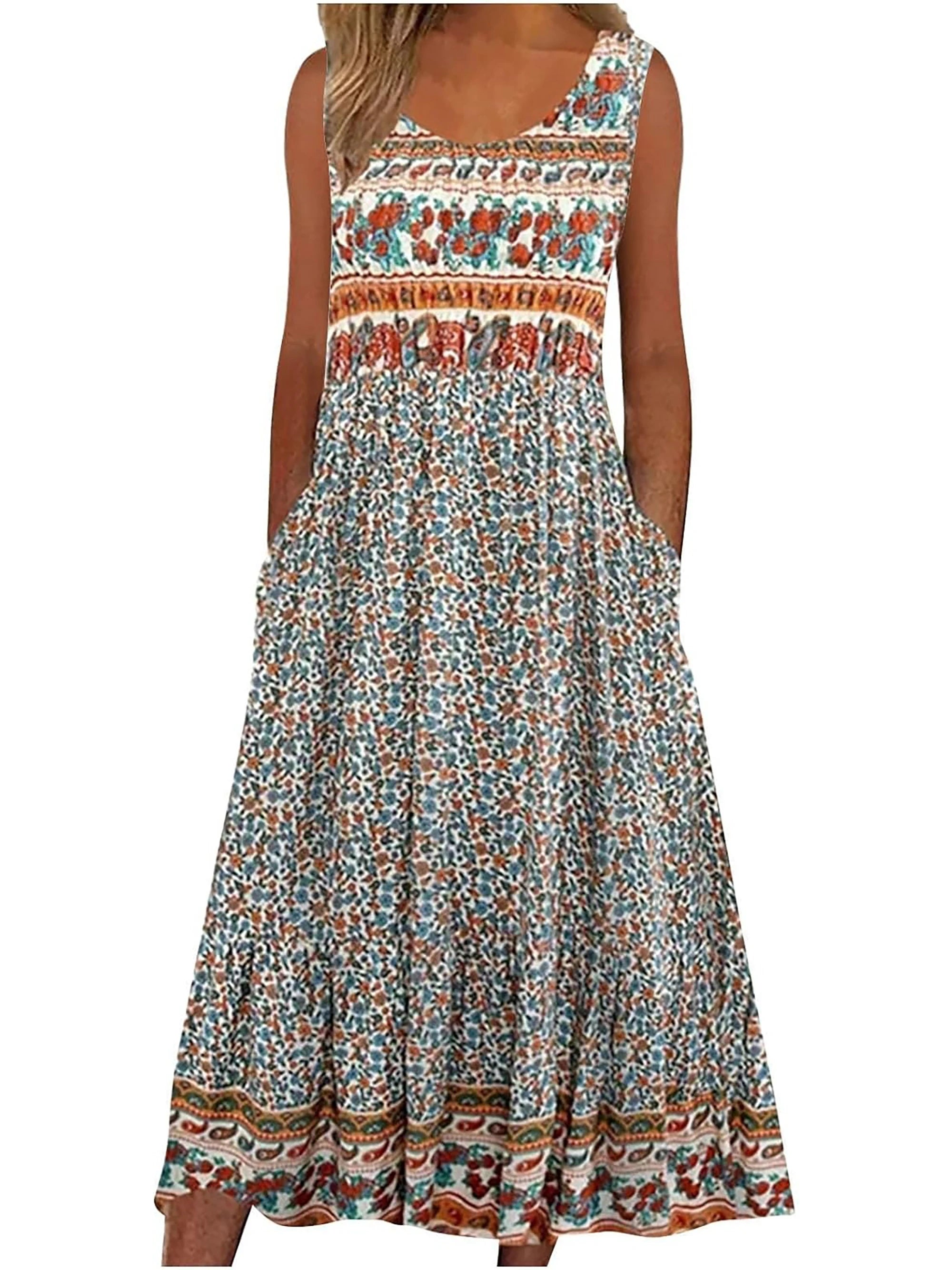 Women’s Boho Floral Sleeveless Midi Sundress With Pockets