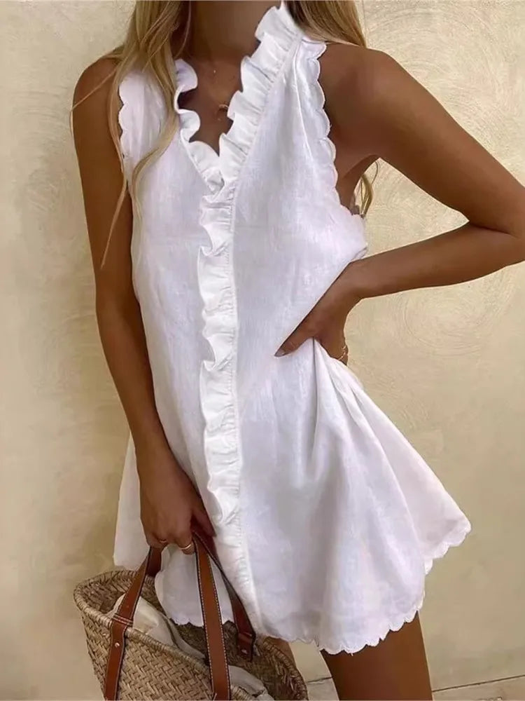 Women’s V-Neck Ruffle Mini Dress Casual Boho Beach