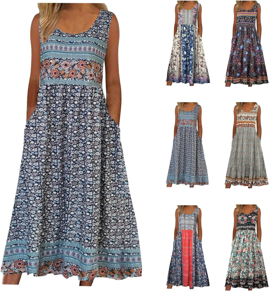 Women’s Boho Floral Sleeveless Midi Sundress With Pockets