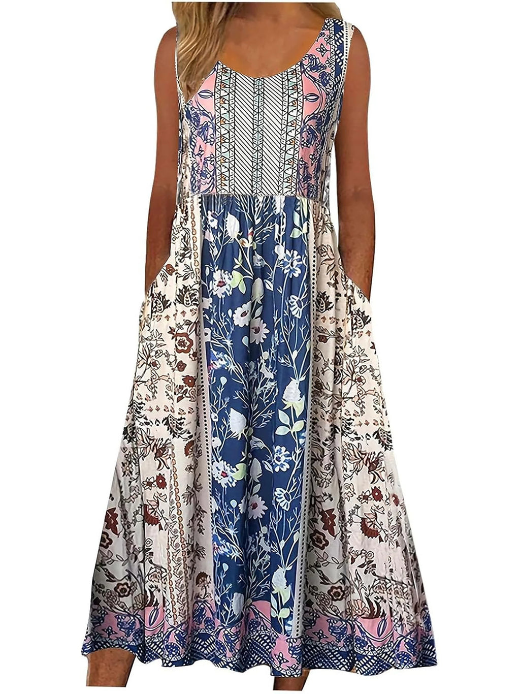 Women’s Boho Floral Sleeveless Midi Sundress With Pockets