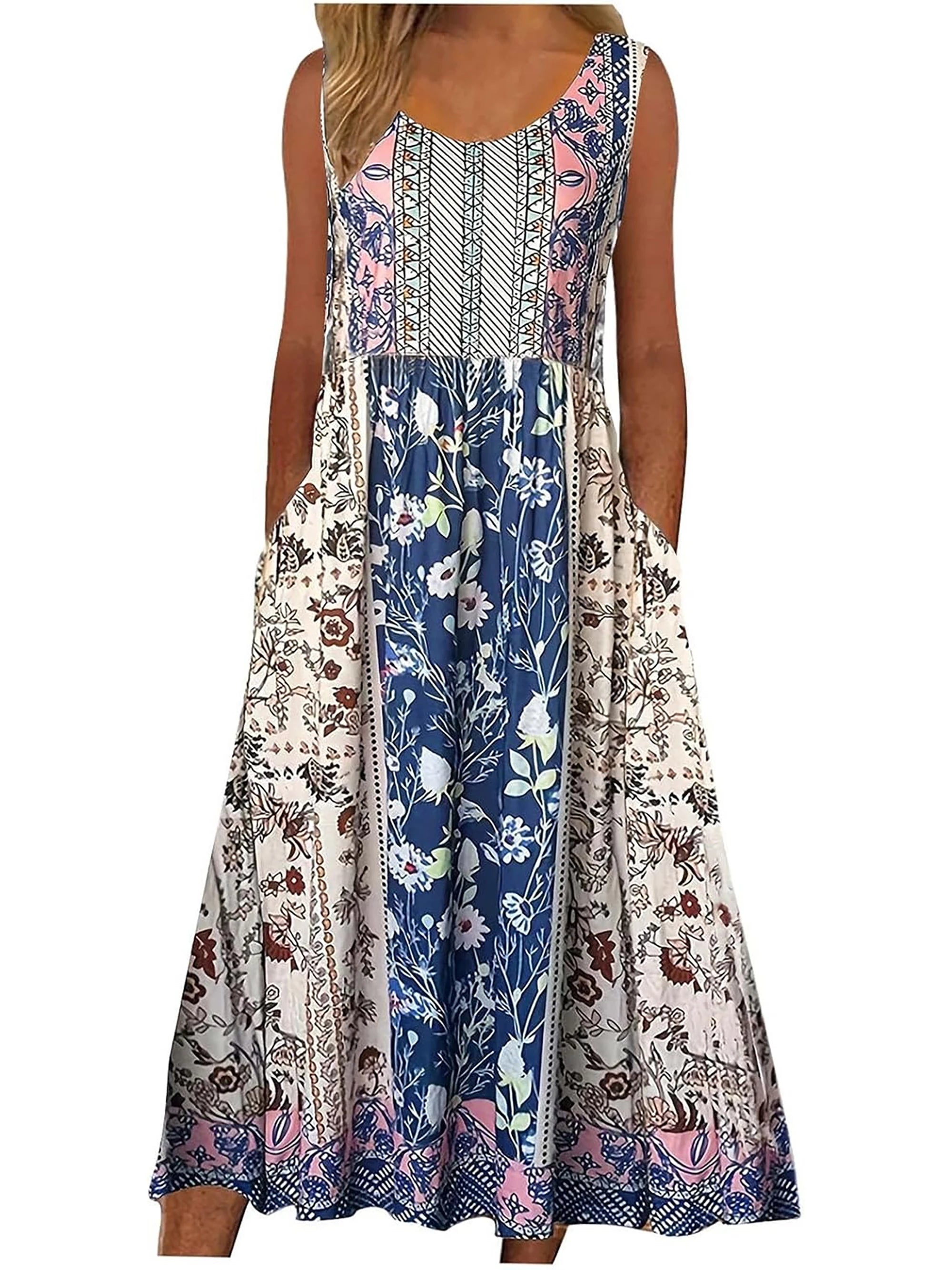 Women’s Boho Floral Sleeveless Midi Sundress With Pockets